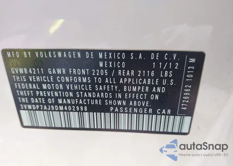 2013 Volkswagen Jetta 2.5L Se z USA, uszkodzony, nr VIN 3VWDP7AJ9DM402998